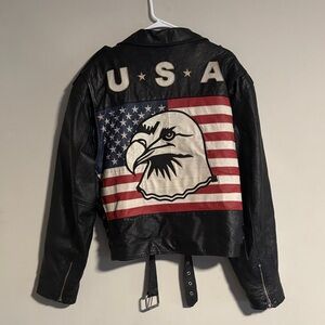 Vintage Men’s Black Biker Leather Jacket with USA Eagle Design Sz XL